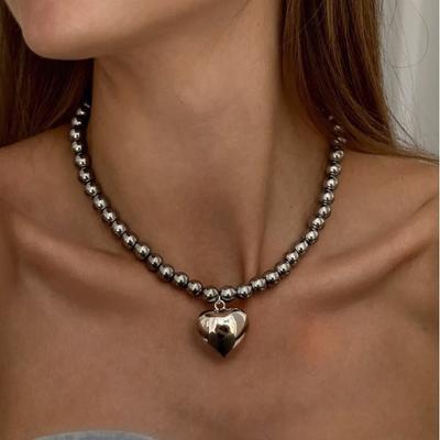 Personality Exaggerated Love Pendant Glass Gray Pearl Necklace Fashion Beaded Neck Chain Metal