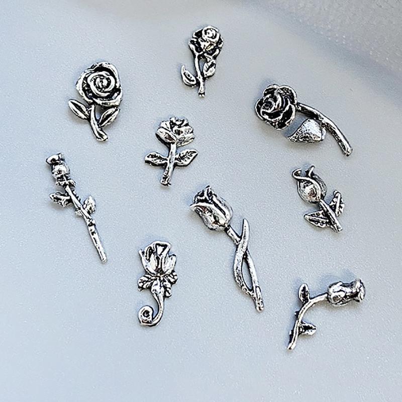 10Pcs 3D Rose Nail Art Ornament Alloy Nail Art Charms Diy Craft For Nail Decoration Silver Retro Flower Nail Charm Jewelry Salon