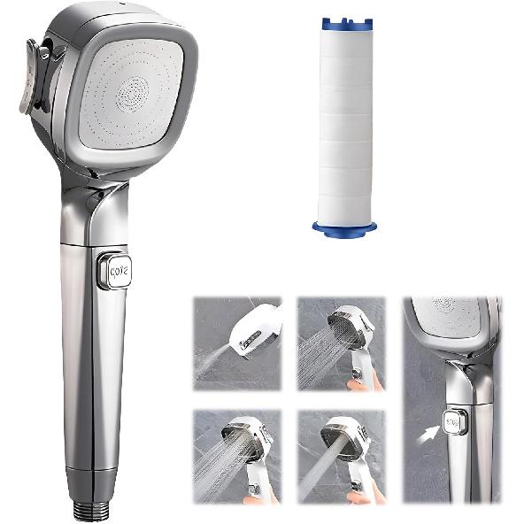 4-mode Handheld Pressurized Shower Head with Pause Switch, Anti-clog Nozzles, Built-in Power Wash to Clean Tub, Tile & Pets, Easy Installation, Hose