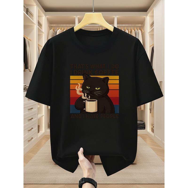 European sizes Men's T-shirt with Black Cat Holding a Coffee Cup Print, Crew Neck, Short Sleeves