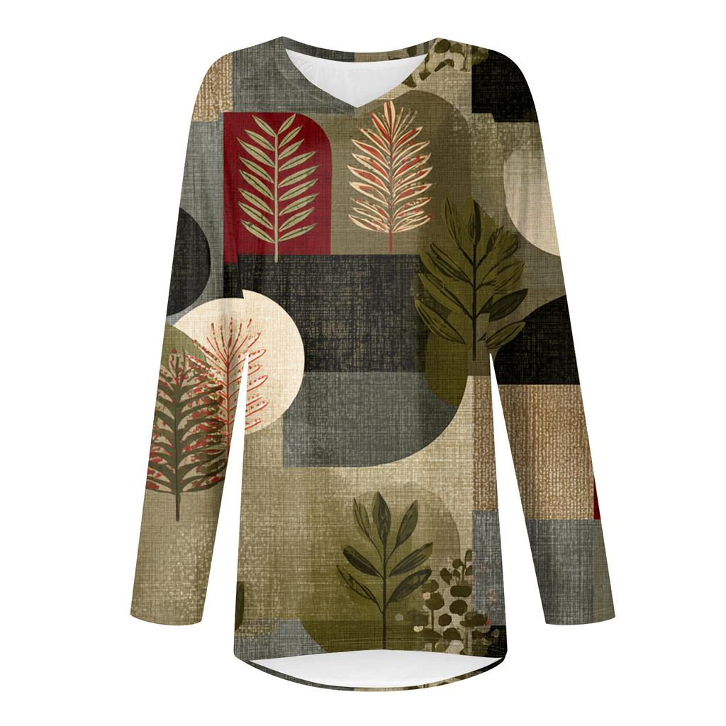 Women's Fashionable Casual Long-Sleeved Retro Print V-Neck Mid-Length Top
