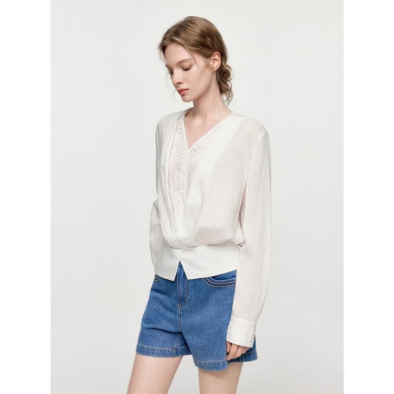 ELLE Linen Embroidery Lace V-Neck Blouse