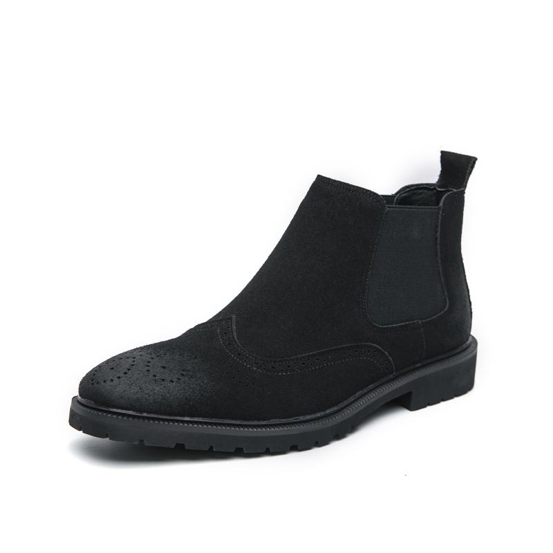 Fashion Men Chelsea Boots Faux Suede Block Carving Low Heel High Top Business Casual Boots Comfortable Breathable Men Boots