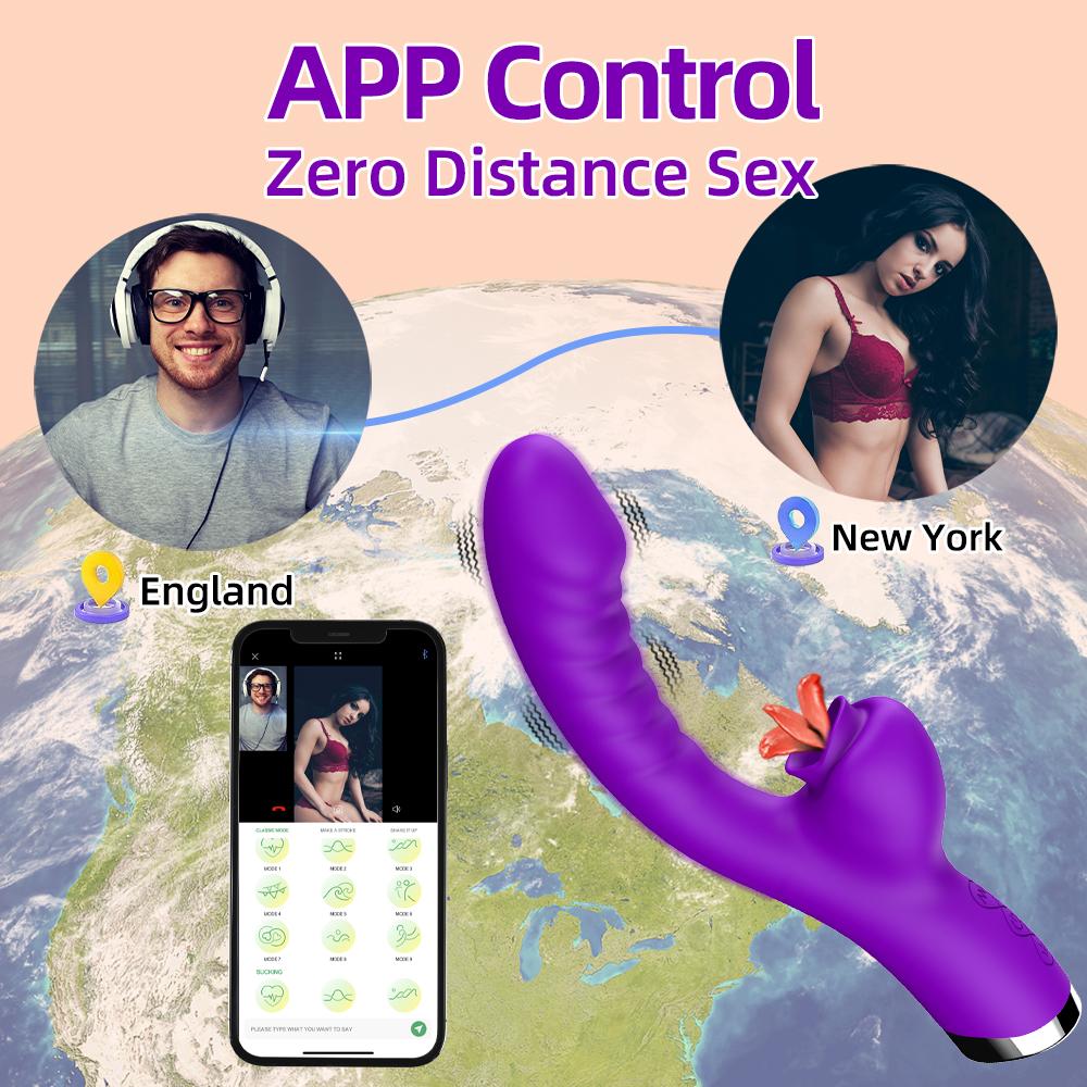 2-i-1 Kvinner App Tunge slikker Vibrator Klitoralmassasje G-Punkt Orgasme Kraftig vibrerende Dildo Stimulator Kvinnelige Voksen Sexleketøy