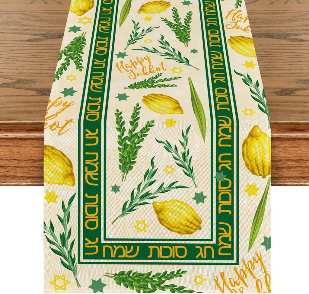 Happy Sukkot Linen Table Runner Dresser Scarves Decor Etrog Lulav Sukkah Kitchen Dining Table Runner Home Party Decorations