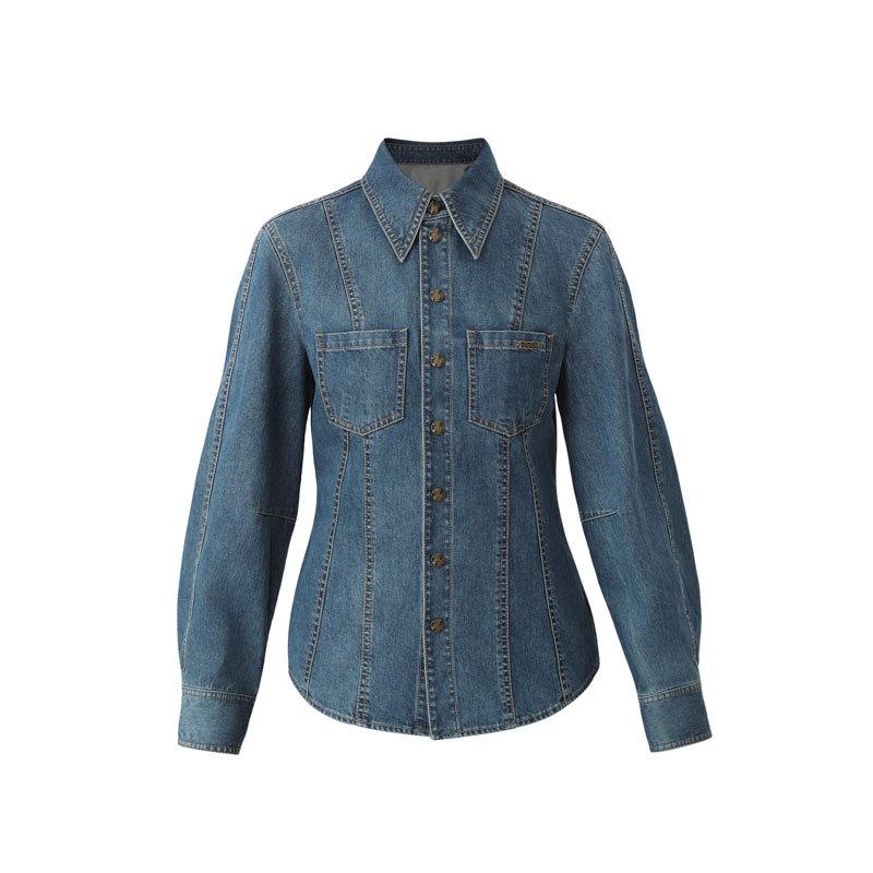 Mall 1116 Frühling und Herbst Neues Temperament Revers Vielseitig Taille Skinny Langarm Jeanshemd