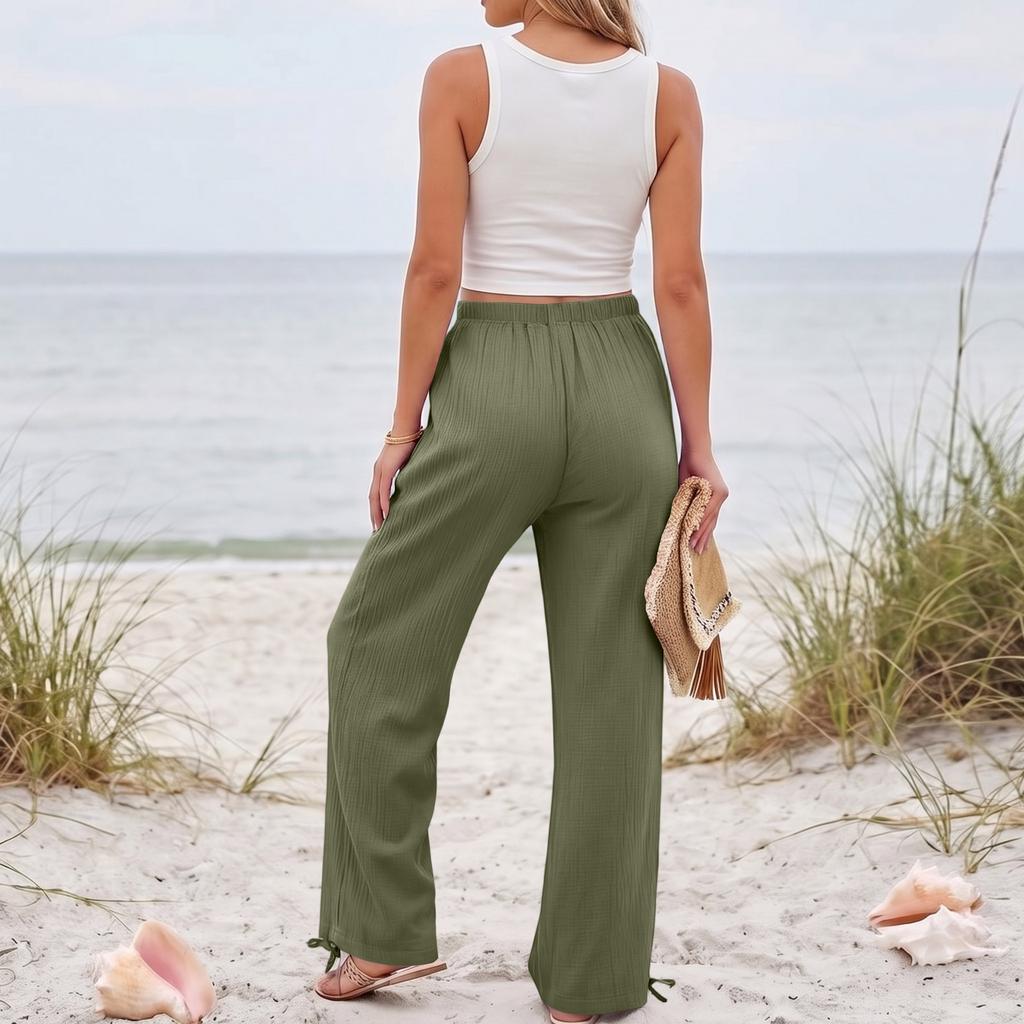 Women's Loose-fitting, -color, Straight-leg Casual Pants With Drawstring And Pockets.