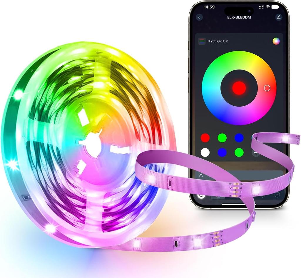 IYGLKD 15M LED Strip 5V App 16 Million for Indoor and Christmas Light, Music-Synced, USB, Controlled, Colors, Dimmable, Color-Adjustable, Full-Color