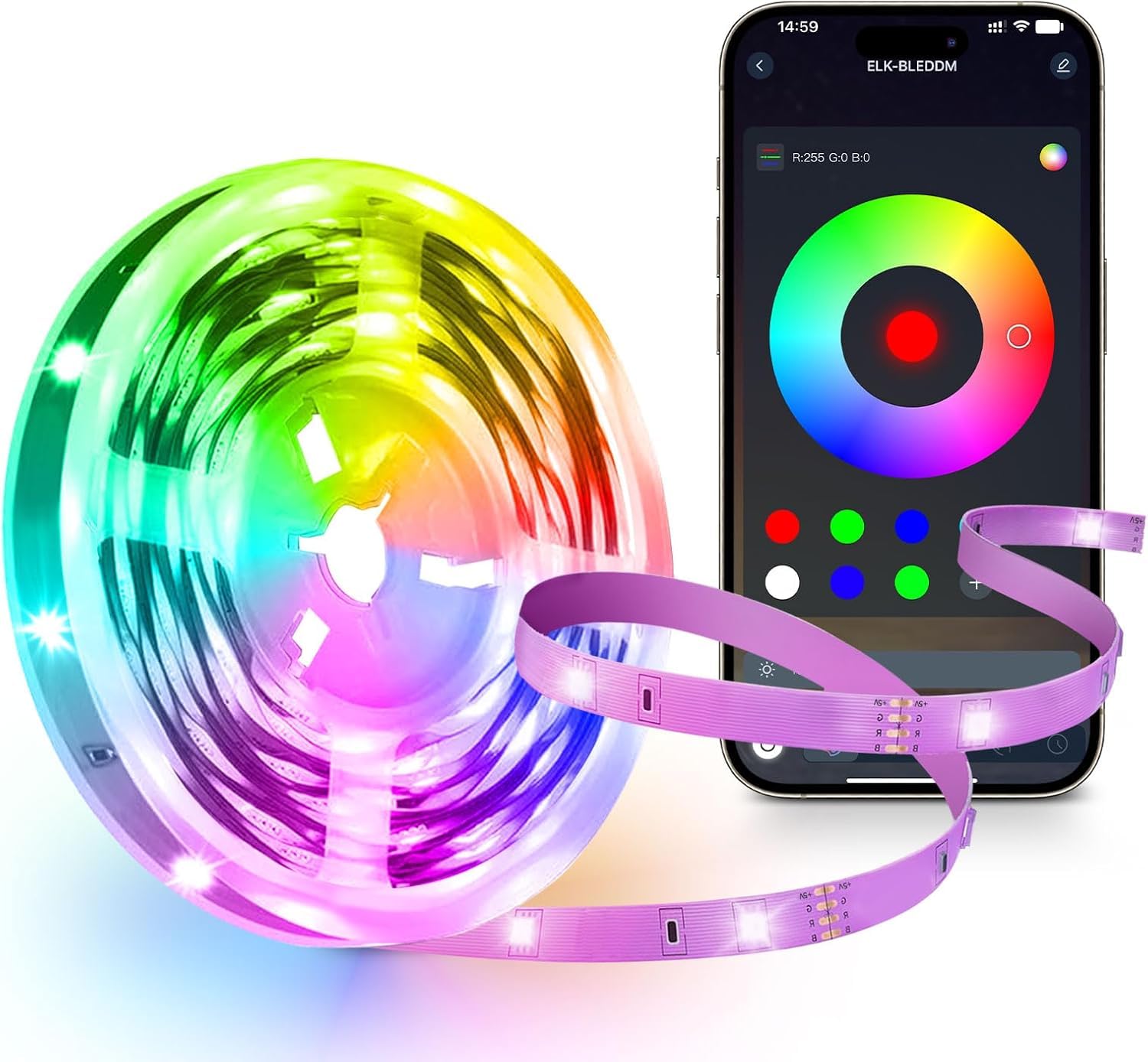 

IYGLKD 15M LED Strip Light, Music-Synced, 5V USB, App Controlled, 16 Million Colors, Dimmable, Color-Adjustable, Full-Color RGB, for Indoor Decor,