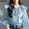 VONDA Women Casual Ruffled Round Neck Long Sleeve Solid Color Blouses