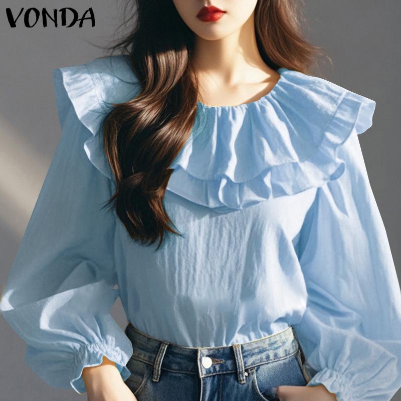 VONDA Women Casual Ruffled Round Neck Long Sleeve Solid Color Blouses