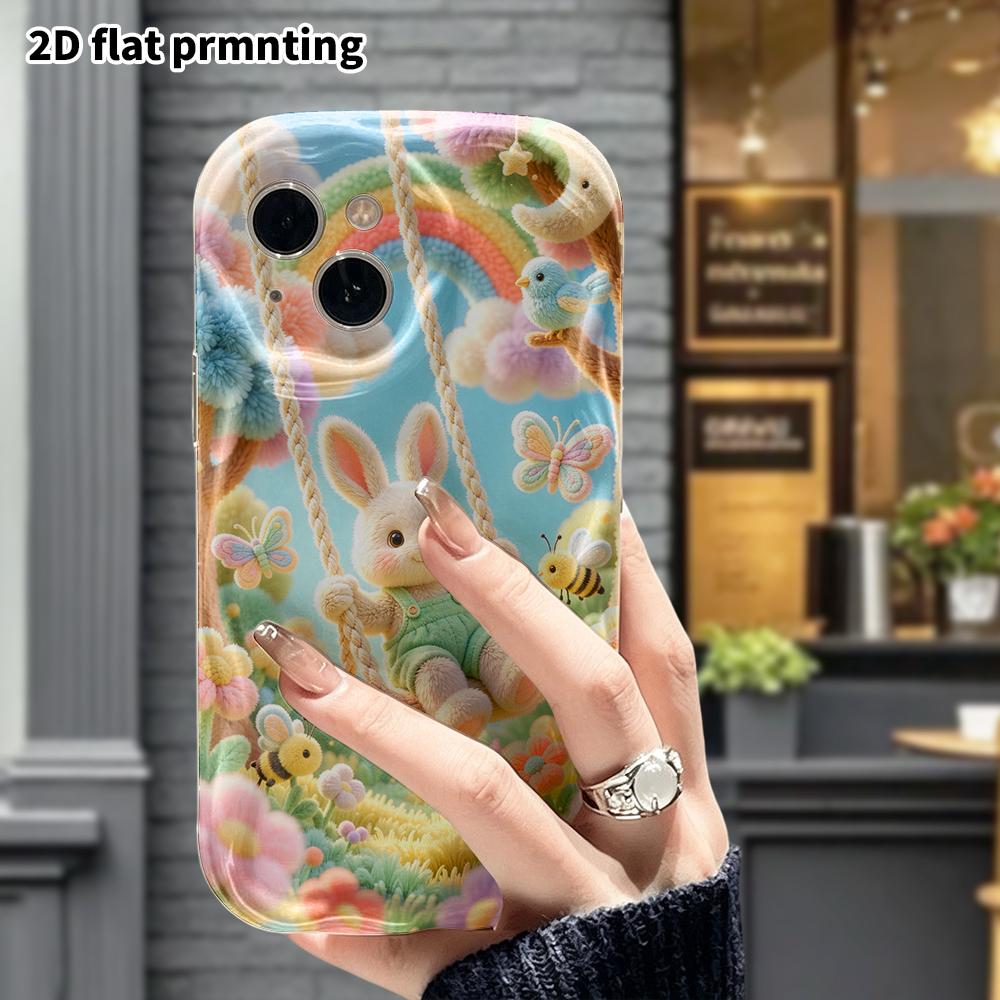 Phone Case: 2D Flat Design Suitable for iPhone 18 17 16 15 14 13 Pro Protective Case, Little Bunny On a Swing, Perfect Christmas and Halloween Holiday