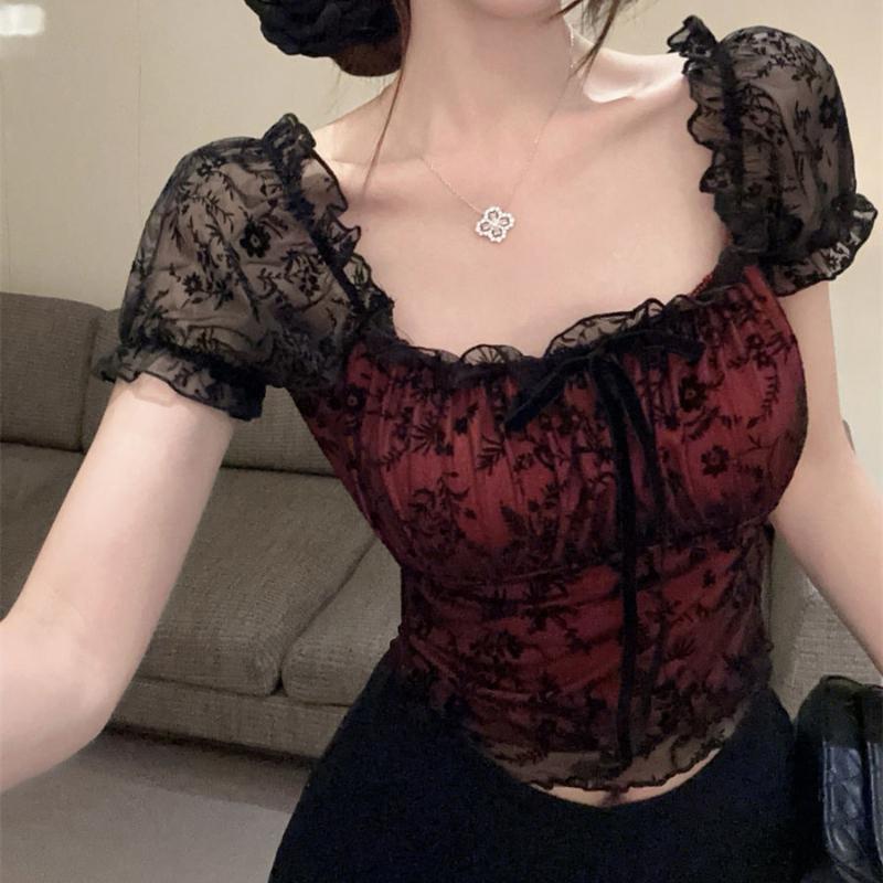 French Bubble Sleeve Square Neck Lace Shirt for Women's Summer One Shoulder Mesh Small Top Unique and Beautiful