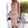 Pink Striped One Shoulder Dress Women Knit Bodycon Midi Dress with 3D Flower Detail Casual Summer Party Evening Dress
