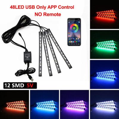 Carro neon led carro 48 smd interior ambiente pé luz com usb controle remoto sem fio música app carro rgb atmosfera decoração luz
