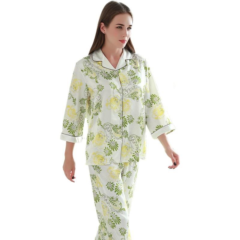 Simulation silk pajamas women's summer thin loungewear printed cardigan casual loose and comfortable two-piece set