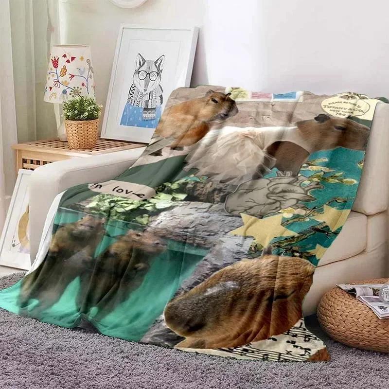 Kawaii The Capybara Club Home Cartoon Printed Blanket Picnic Blanket Warm Flannel Soft and Comfortable Home Travel Birthday Gift