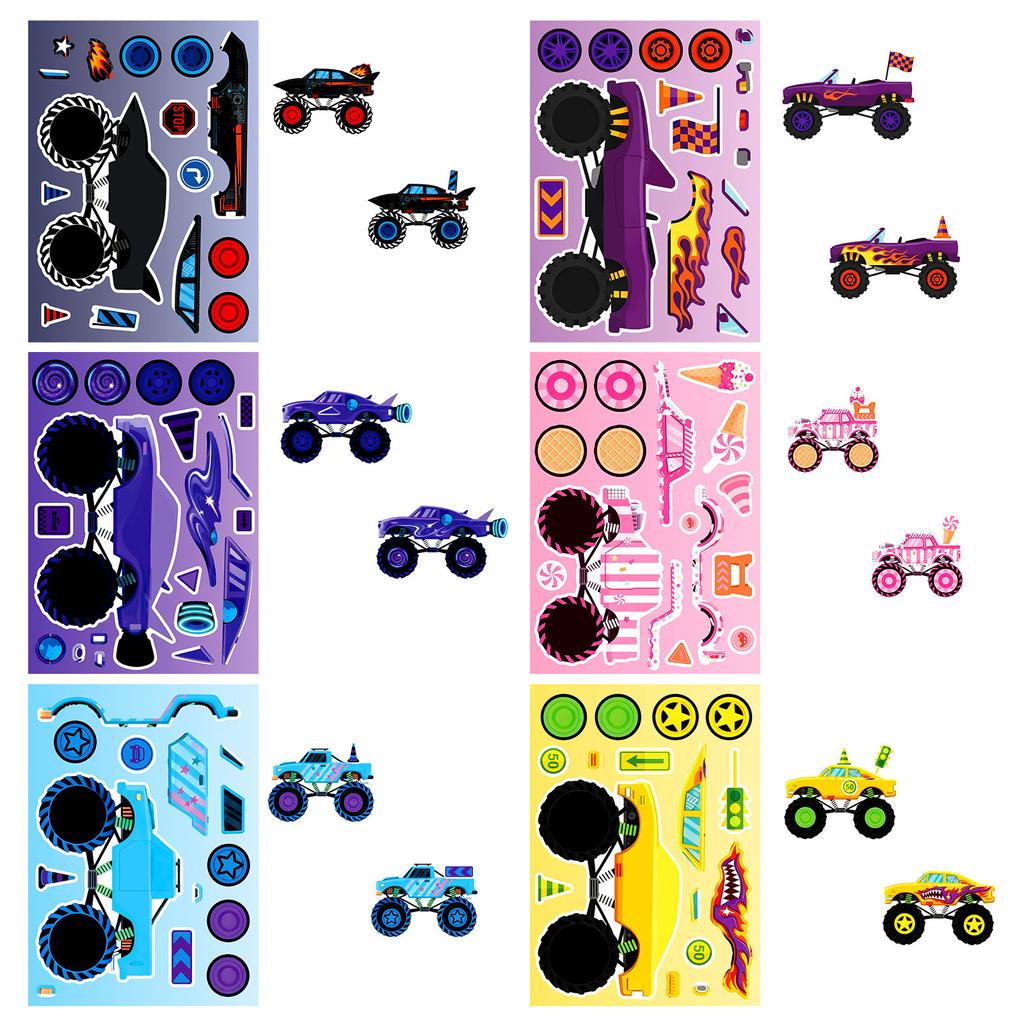 6 Sheets/Pack Racing Car Decoration Stickers Monster Truck Parts Puzzle Face Change Stickers Creative Hand Collage