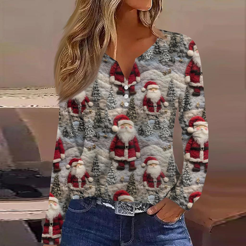 Women's Fashion Casual V-Neck Button-Up Long-Sleeve T-Shirt With Christmas Print Top
