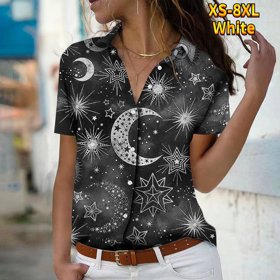 2025 Summer New Fashion Women's Star Printed Short Sleeve V-neck Casual Button-down Shirt Top