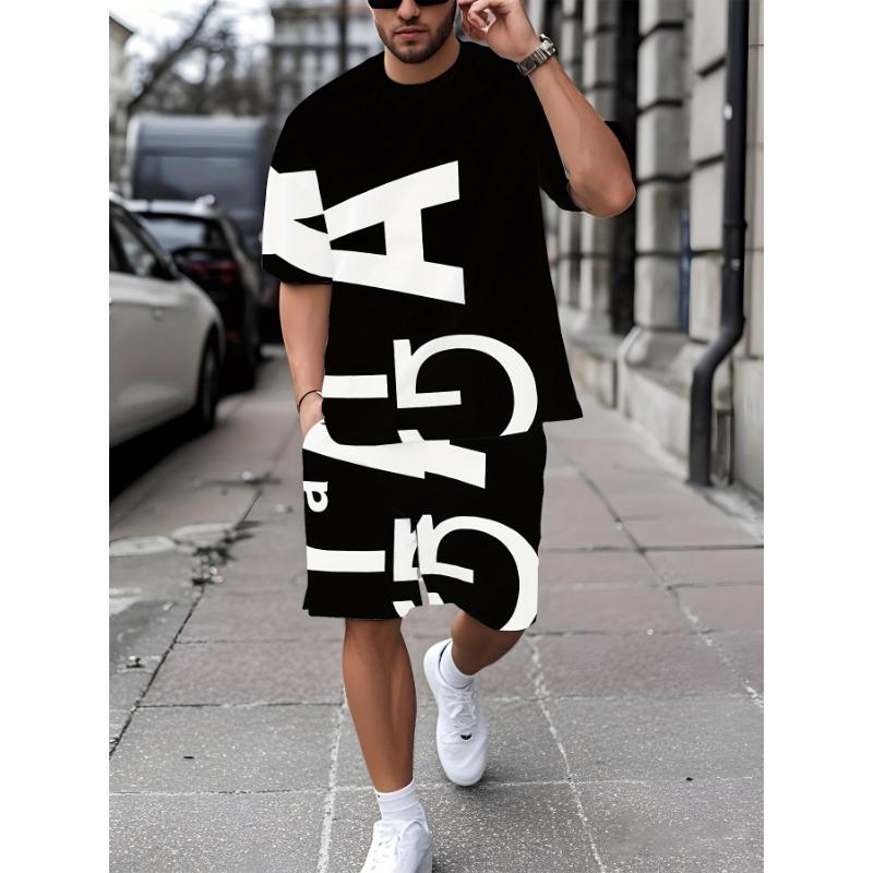Men s printed short-sleeved T-shirt + shorts suit casual sports style breathable outdoor casual style S