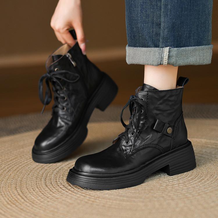 Fashion New Autumn/winter Genuine Leather Women Boots Round Toe Platform Shoes for Women Fashion Boots High Heels Lace Work Boots