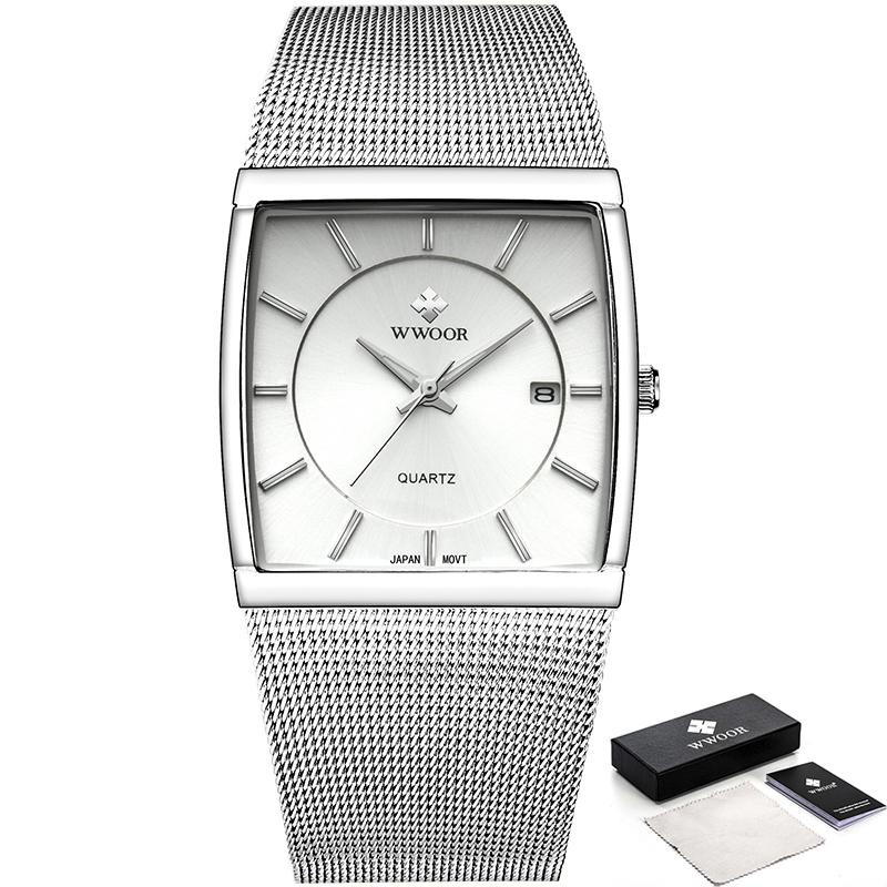 WWOOR Top Brand Men's Watches Business Luxury Square Men Quartz Clock Waterproof Date Stainless Steel Ultrathin Watch For Men