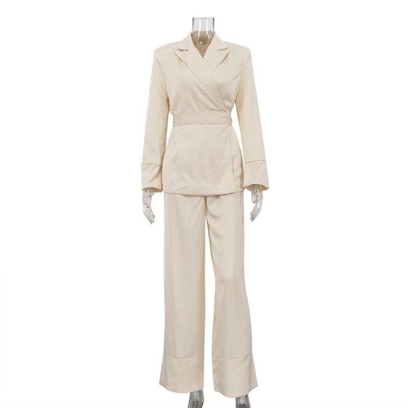 

Advanced Sentong Qin Set Women Temperament V-neck Long sleeve Lace-up Top Loose Wide-Leg Pants Two-piece Set Apricot color L