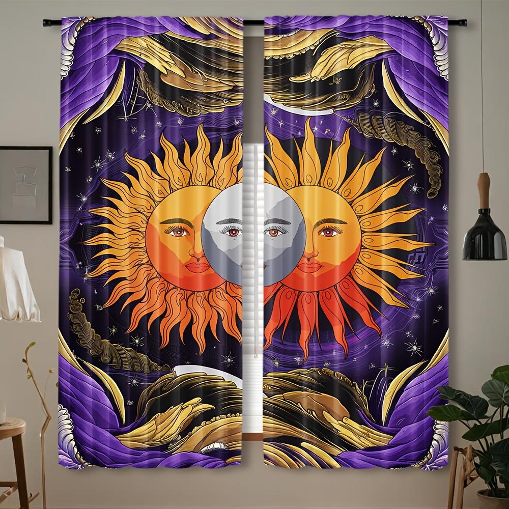 

Set Of 2 Contemporary Sun Moon Face Print Curtains Style Semi Polyester Decorative All Se Curtain Light Filtering With Rod Pocket Machine Washable W100*H70(CM)-Rod Pocket&1PCS