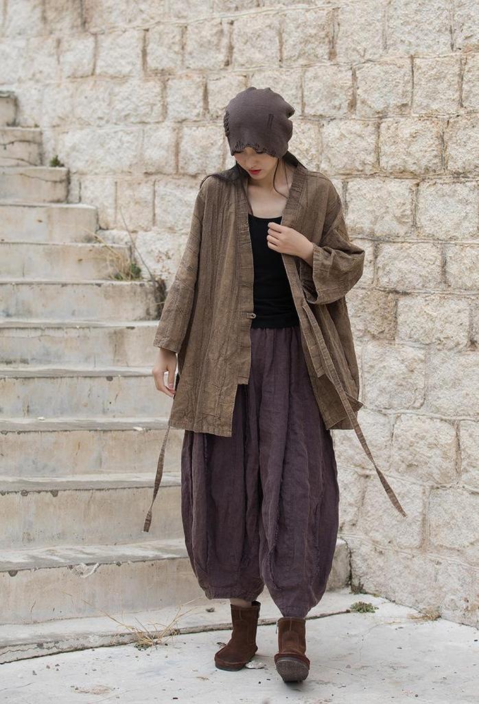 Women's Zen-Style Tie-Dye Pleated Cotton Linen Jacket with Lace-Up Oblique Lapel