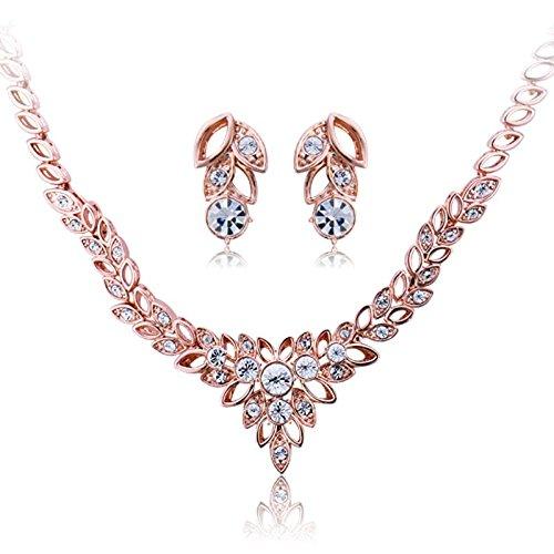 

Brand IUHA 18K Pink Gold Plated Leaf Motif Necklace Earrings Set Austrian CZ Diamond Metal Allergy and Tarnish Prevention Accessories Gift &