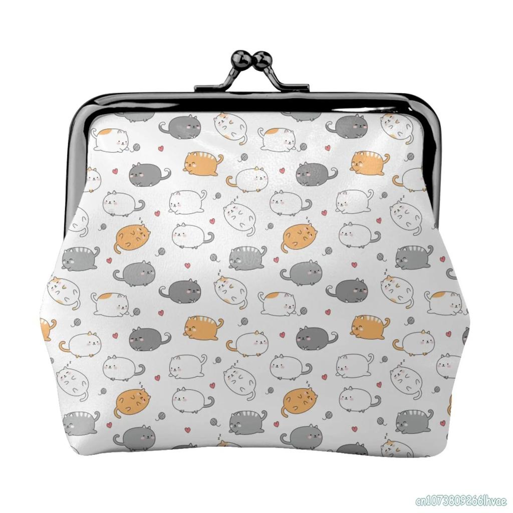 Cute Cartoon Cats Women's Leather Coin Purse Small Change Pouch with Kiss-Lock Clasp Closure Buckle Wallet for Girl Gift