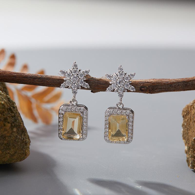 Niche High-End Sense S925 Sterling Silver Natural Colored Treasure Sugar Snowflake Earrings Light Luxury Non-Fading Jewelry Elegant Design
