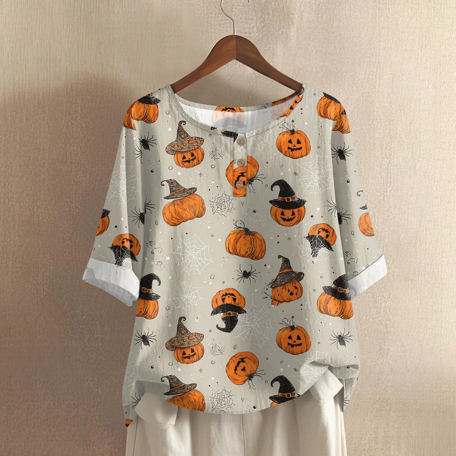 

Women s Casual Mid Sleeved Round Neck Halloween Printed Cotton And Linen Top L бежевий