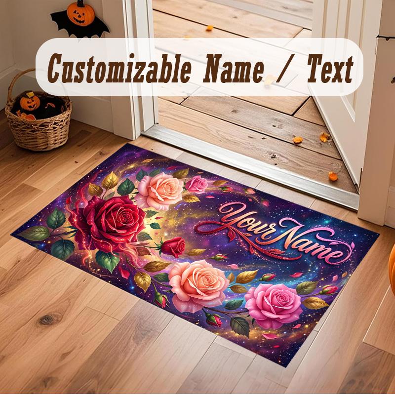 Floral Garden Theme Soft Crystal Velvet Rug Custom Name & Text Print Non Slip Floor Rug for Bedroom Living Room