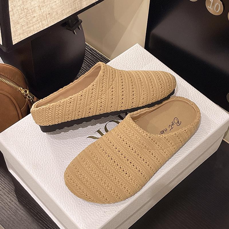 Woven hollow breathable bag head half drag women's outer wear 2025 spring and summer new thick bottom soft bottom with skirt cool slippers