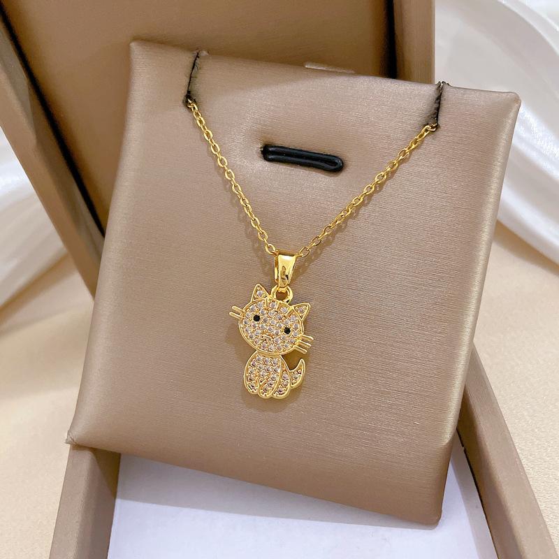 Stainless Steel Chain Gold Color Kitty Kitten with Zircon Pendant Necklaces for Women Girls Cartoon Cute Jewelry Gifts