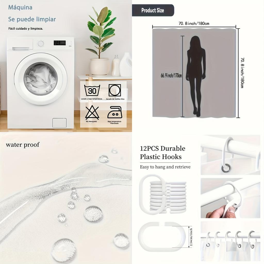 1Pc Light Gray Leaf Pattern Shower Curtain, Polyester Fabric, Machine Washable, With Hooks, Suitable For Bathroom Dcor.