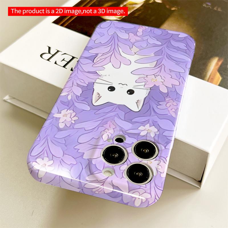 2DFlat White Cat Amid Purple Flowers Phone Case All inclusive film hard iPhone case, compatible with iPhone 18 Pro Max 17 16 15 14 13 12 11