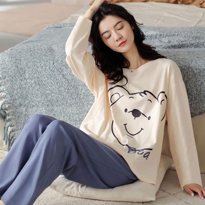 Autumn and Spring Long-Sleeve Women's Home Wear Pants Cartoon Set Pajamas for Ladies