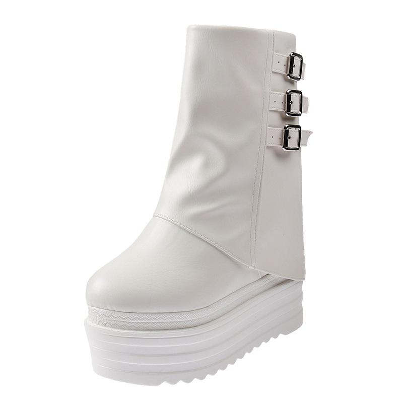 Fashion Spring 13cm Heel Thick Sole Mid-Calf Boots for Petite Women - Black/White Warm Stylish Height-Increasing Smoke Tube Design