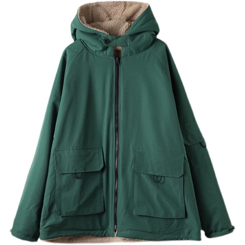 Winter Jacket Women Oversized Loose Hooded Windbreaker Big Pocket Fashion Zipper Casual Jackets Thick Warm Lambswool Coat Female