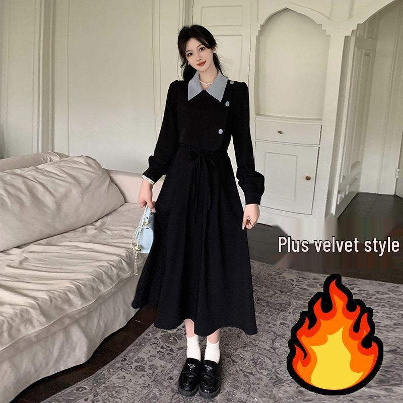 

Plus Size Retro French Two-Piece Campanula Dress - Autumn/Winter Long Sleeve Skirt M fits 40-50 kg