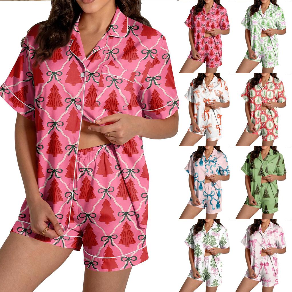 Women's Christmas Pajama Set Short Sleeve Button Down Shirt and Shorts Sleepwear