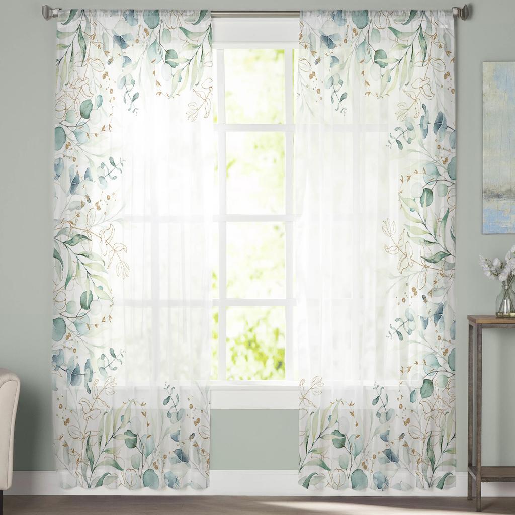 Watercolor Eucalyptus Leaves Sheer Curtains For Living Room Bedroom Home Decor Voile Drapes