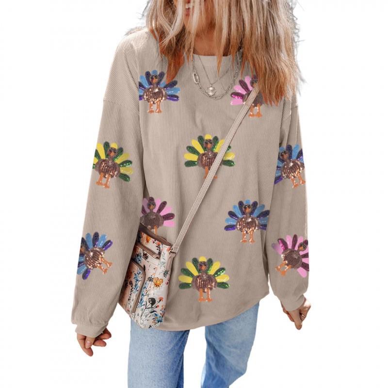 Womens Turkey Print Crew Neck Long Sleeve Hoodie Loose Fit Casual Top 2025