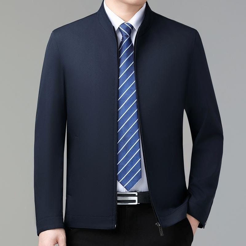Spring and Autumn Stand Collar Jacket Men's Mulberry Silk Thin Top Middle-aged Dad Clothes Civil Servants and Leading Cadres Jackets