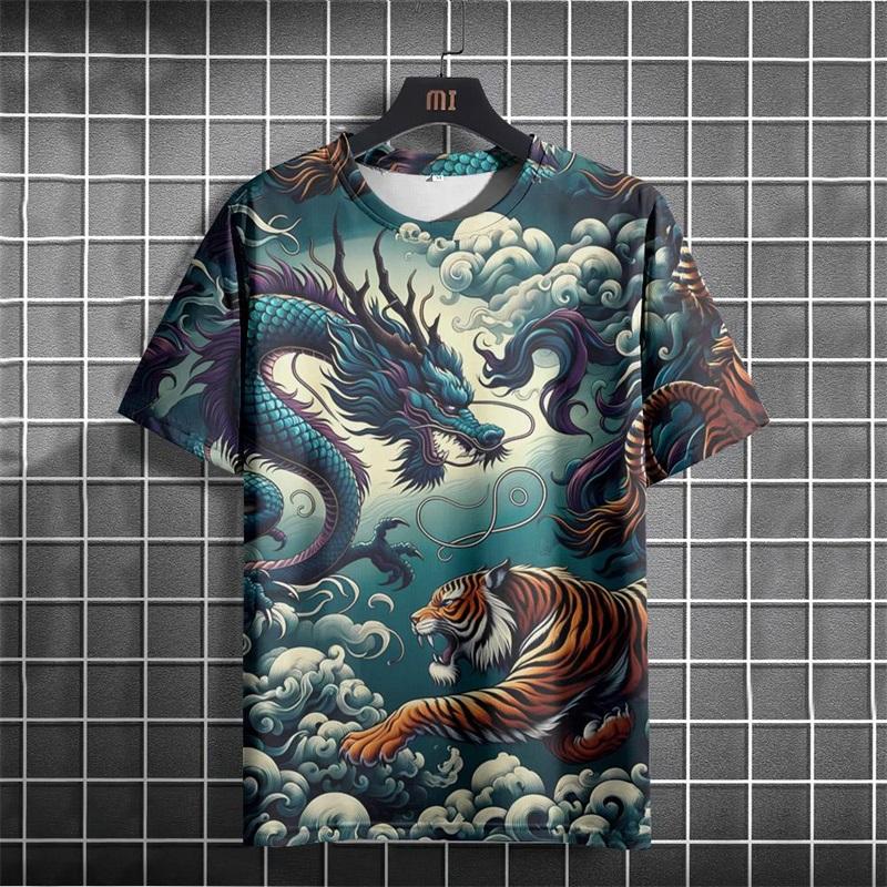 

Full Print Animal Dragon Tiger Graphic T Shirt For Men Summer Short Sleeve Oversized XXS