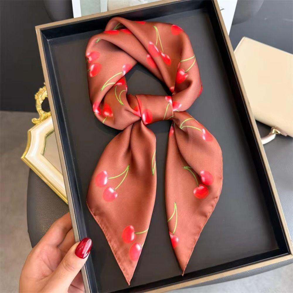 Fashion Luxury Satin Square Satin Scarf Fruit Pattern Soft Women Headscarf Versatile Cherry Design Silk Scarf Daily Wear