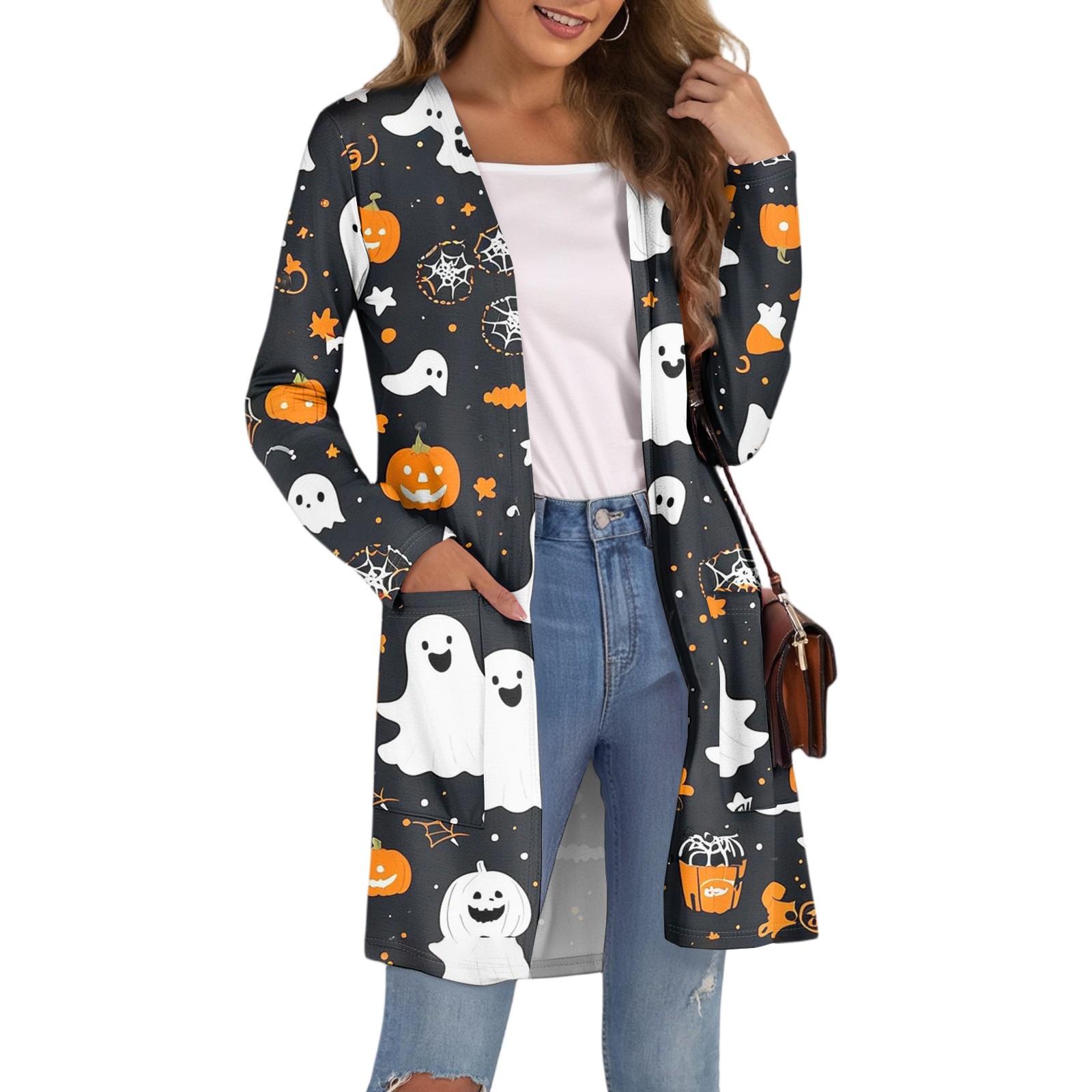 

Women s Fashion Casual Comfortable Halloween Printed Mid-Length Cardigan With Pockets Jacket XXL Темно-синій